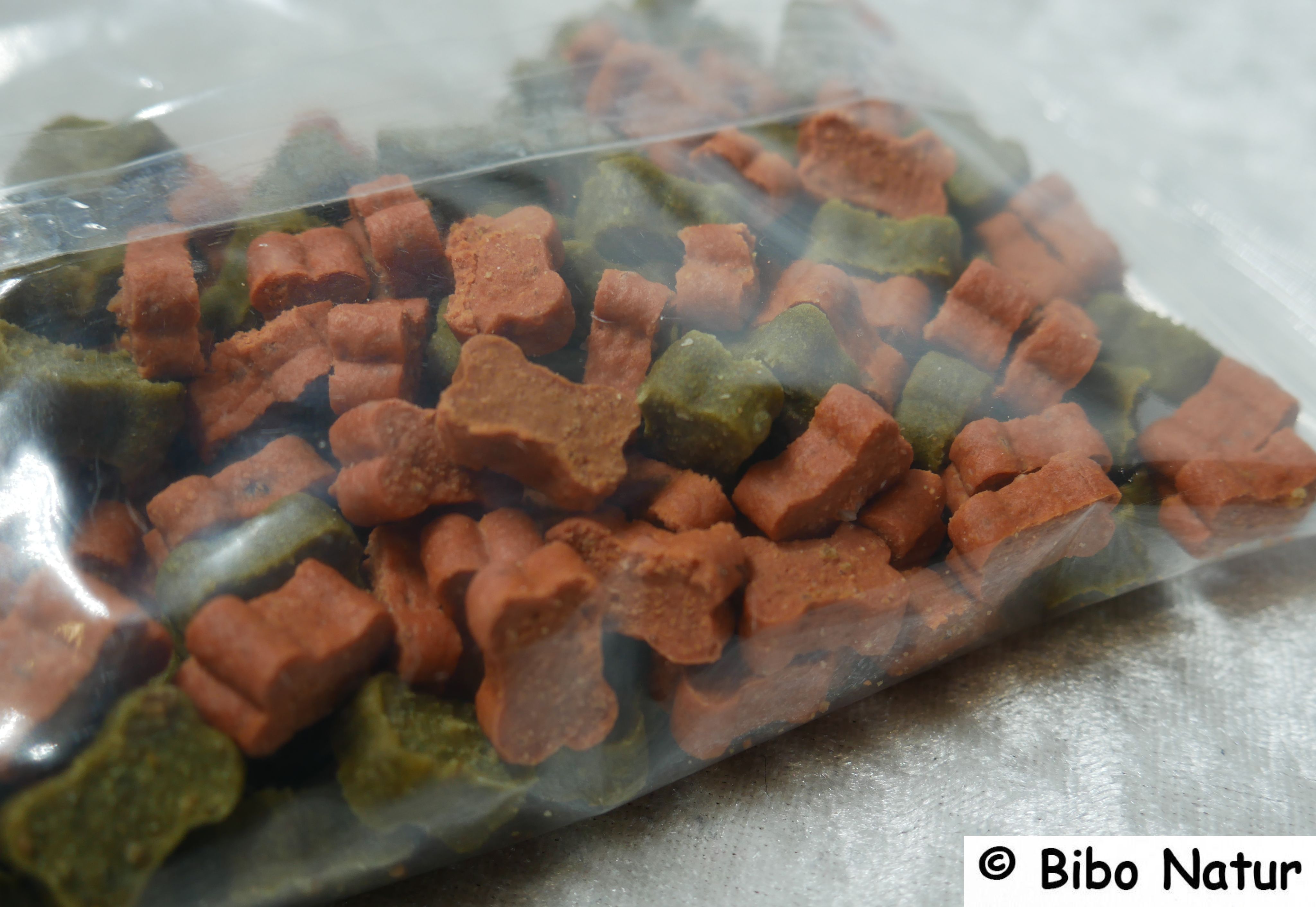 Nahansicht orange und grüne Leckerlies in Hundeknochenform