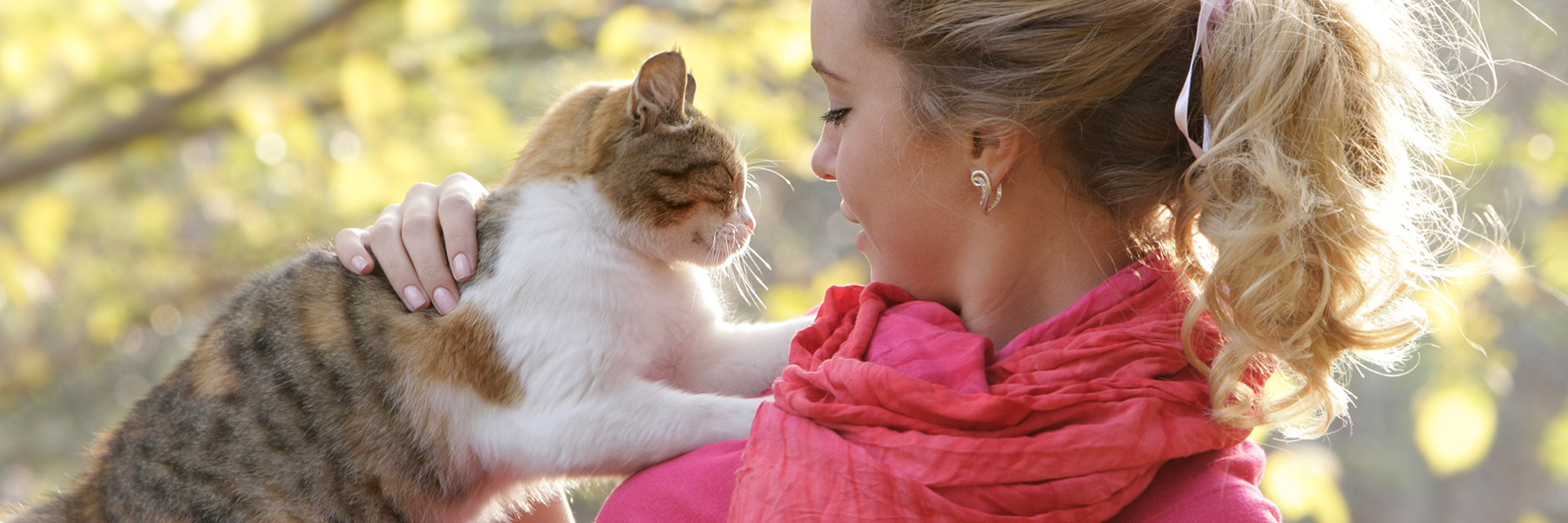 Eine blonde Frau mit Pferdeschwanz schmust mit ihrer Katze.