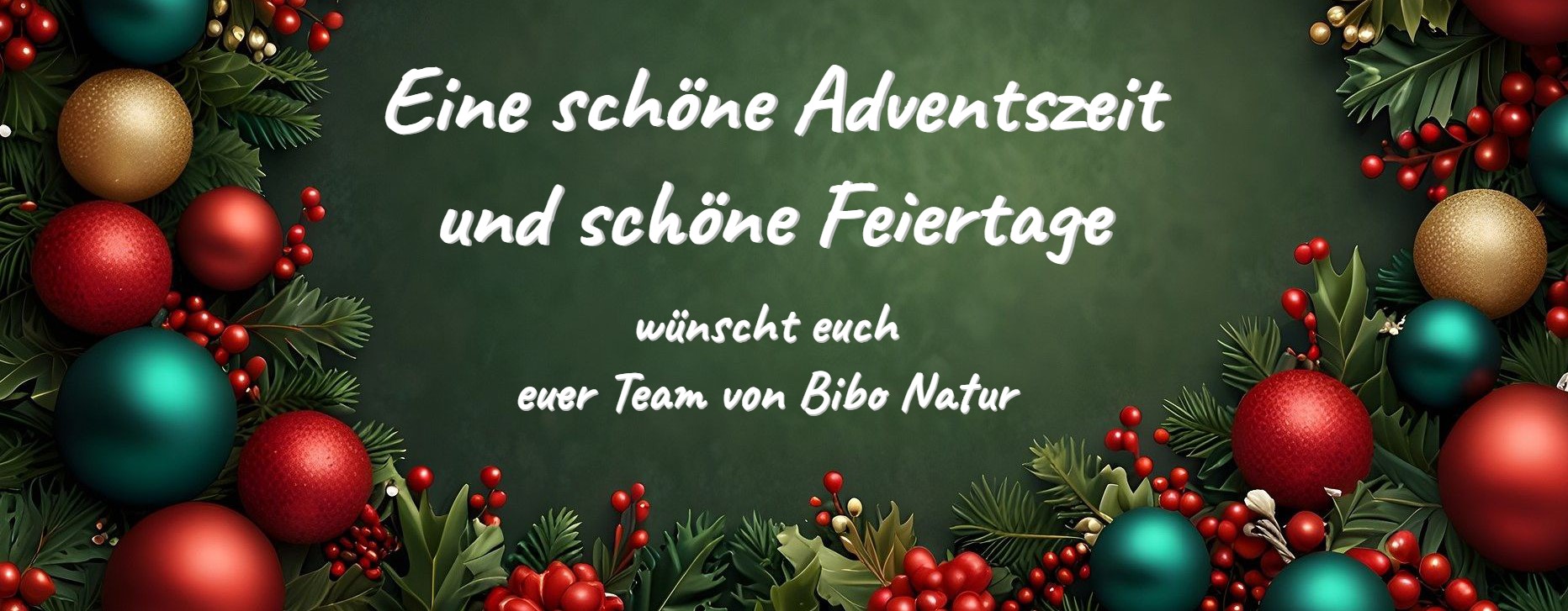 Auf einer Karte, die von Christbaumkugeln umsäumt ist, wünscht Bibo schöne Weihnachtstage.
